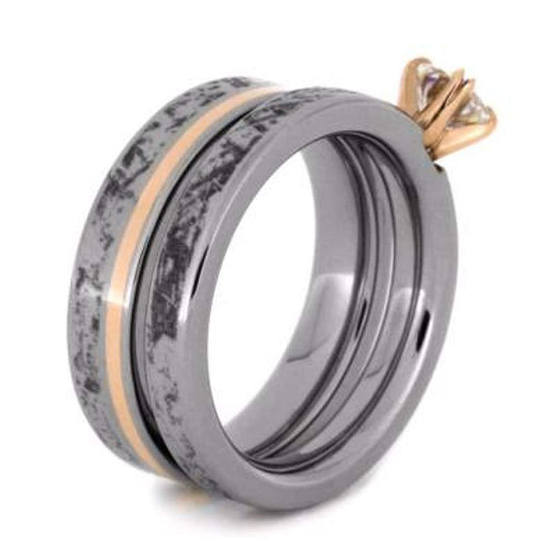 Charles & Colvard Forever One Moissanite, Mimetic Meteorite Engagement Ring, 14k Rose Gold, Mimetic Meteorite Titanium Wedding Band, Bridal Set