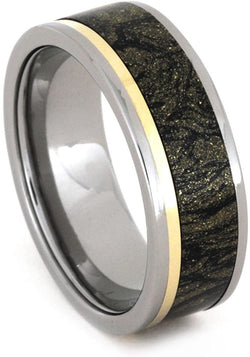 Black and Gold Mokume, 14k Yellow Gold Pinstripes 8mm Comfort-Fit Titanium Wedding Band