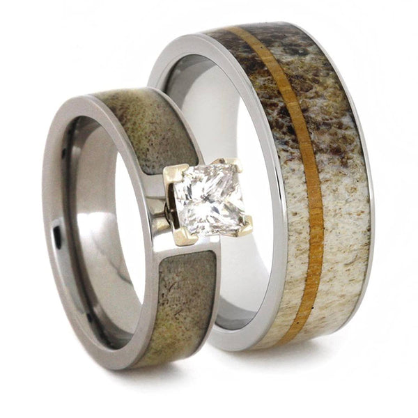 Charles & Colvard Moissanite, Deer Antler Engagement Ring and Antler, Oak Wood Band, His and Hers Wedding Set