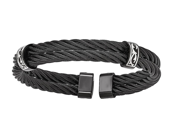 Men's Thorn Collection Black Titanium 13mm Sterling Silver Thorn Two Cable Wire Cuff Bangle Bracelet