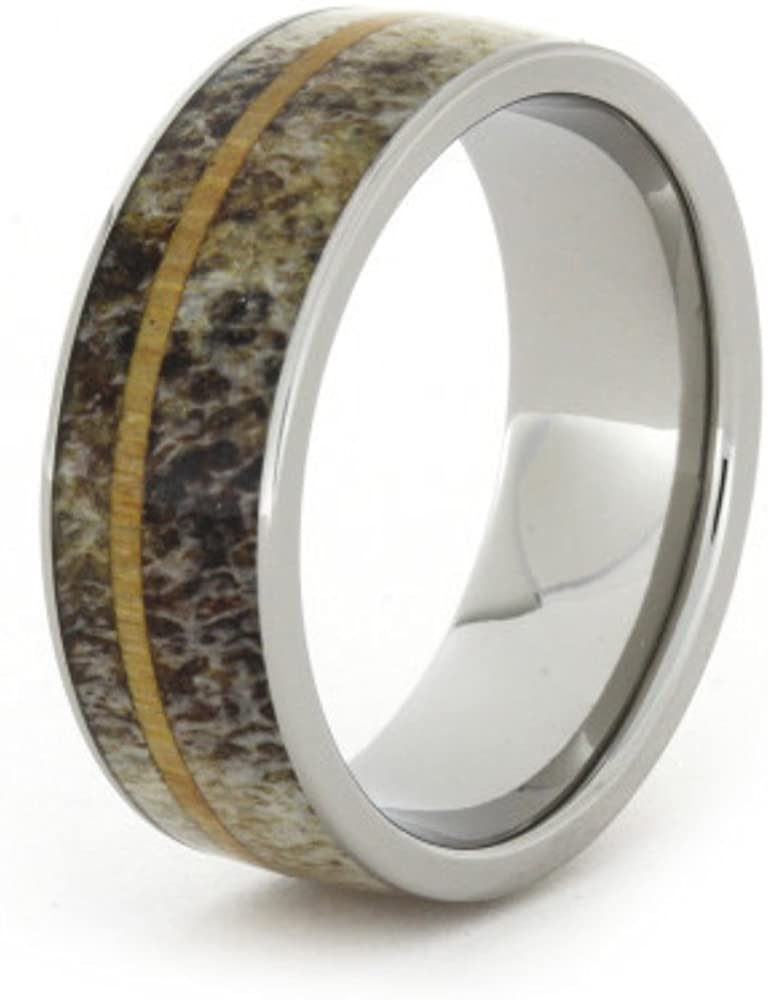 Antler with Oak Wood Pinstripe 8mm Comfort-Fit Titanium Ring, Size 15.5