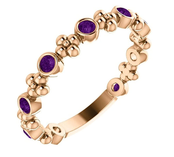 Genuine Amethyst Beaded Ring, 14k Rose Gold, Size 6.75