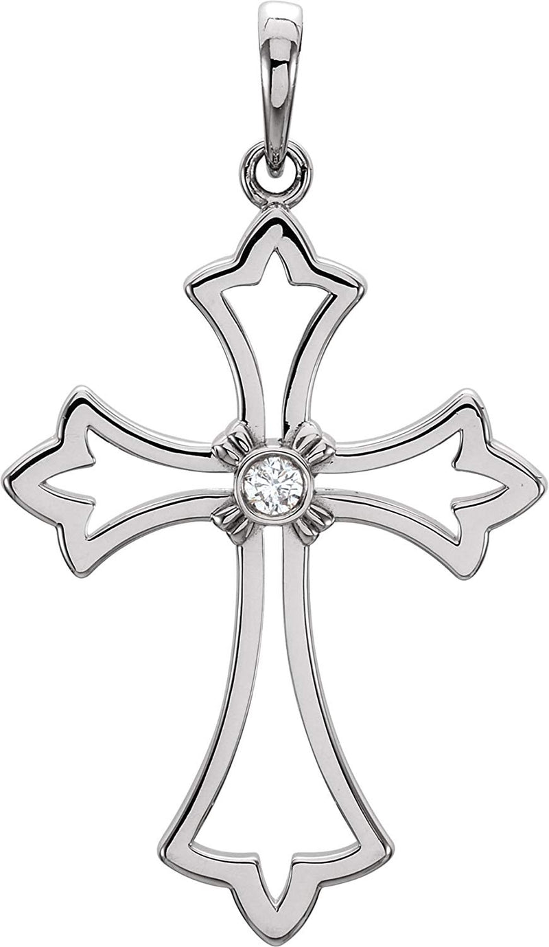 Diamond Fleur-de-Lis Cross Rhodium-Plated 14k White Gold Pendant (.03 Ct, G-H Color, I1 Clarity)