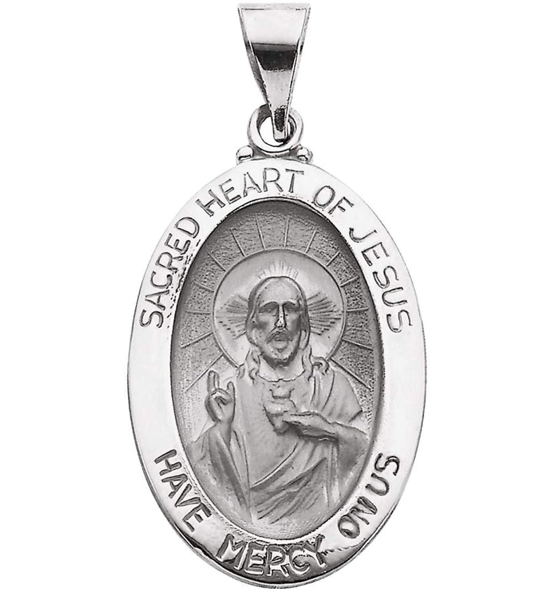14k White Gold Hollow Oval Sacred Heart of Jesus Medal (23.25x16 MM)