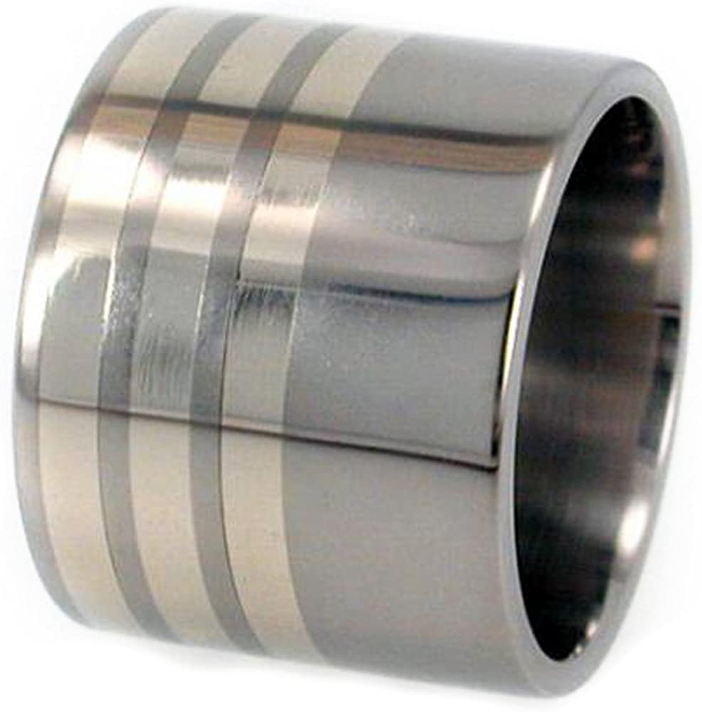 Sterling Silver Inlay 15mm Comfort Fit Titanium Wide Ring, Size 13.25