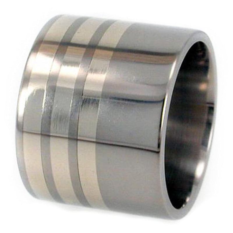 Sterling Silver Inlay 15mm Comfort Fit Titanium Wide Ring, Size 15