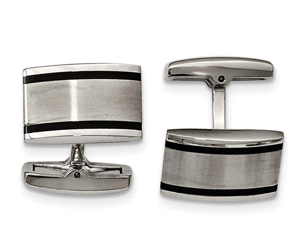 Brushed Stainless Steel Black Rubber Rectangle Cuff Links, 20X12MM