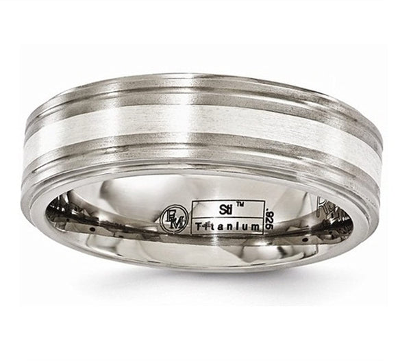 Edward Mirell Brushed Titanium with Sterling Silver Inlay 7mm Wedding Band