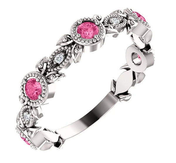 Platinum Pink Tourmaline and Diamond Vintage-Style Ring (0.03 Ctw, G-H Color, SI1-SI2 Clarity)