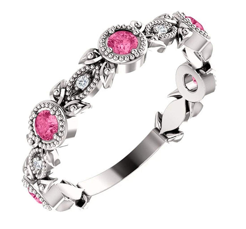 Pink Tourmaline and Diamond Vintage-Style Ring, Rhodium-Plated 14k White Gold (0.03 Ctw, G-H Color, I1 Clarity)