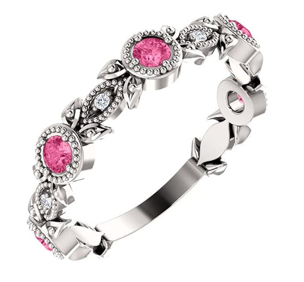 Pink Tourmaline and Diamond Vintage-Style Ring, Rhodium-Plated Sterling Silver (0.03 Ctw, G-H Color, I1 Clarity)