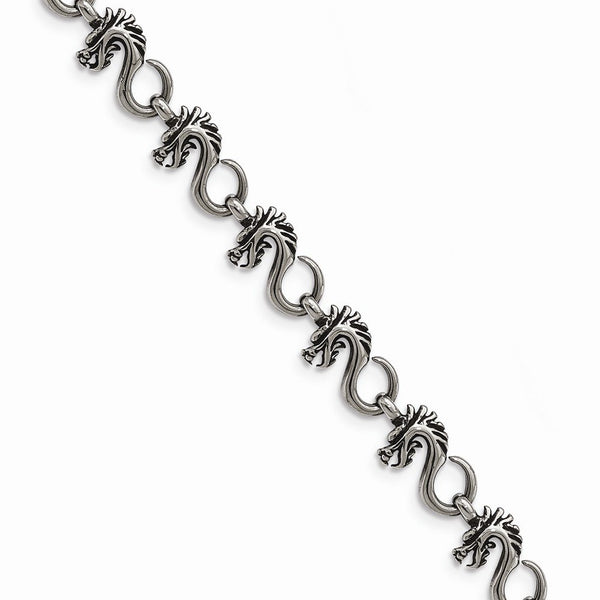 Men's Polished Stainless Steel Antiqued Dragon Bracelet, 7.5"