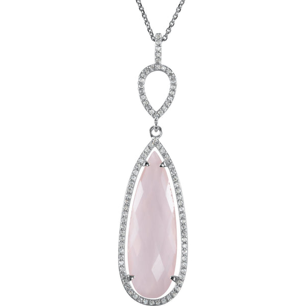 Rose Quartz Pear and Diamond Halo Sterling Silver Necklace, 18"