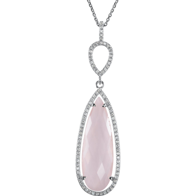 Rose Quartz Pear and Diamond Halo Sterling Silver Necklace, 18"