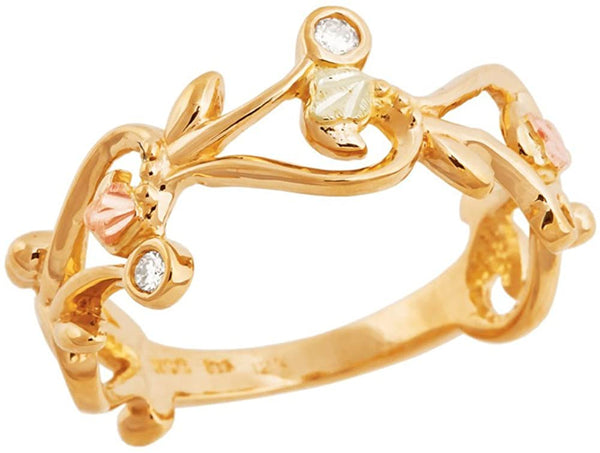 Diamond Swirling Vine Design Ring, 10k Yellow Gold, 12k Green and Rose Gold Black Hills Gold Motif (.06 Ct)