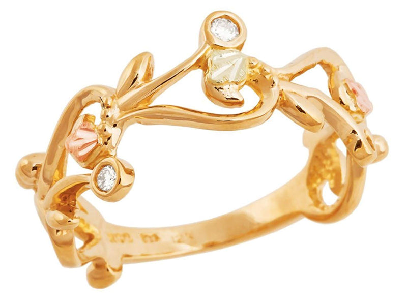 Diamond Swirling Vine Design Ring, 10k Rose Gold, 12k Green and Rose Gold Black Hills Gold Motif (.06 Ct)
