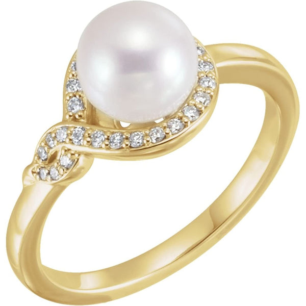 White Freshwater Cultured Pearl, Diamond Bypass Ring, 14k Yellow Gold (7-7.5mm)(.125Ctw, GH Color, I1 Clarity)