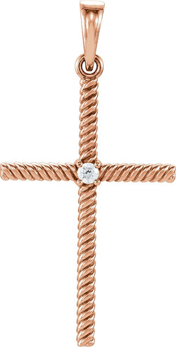 Diamond Rope-Trim Cross 14k Rose Gold Pendant (.03 Ct, G-H Color, I1 Clarity)