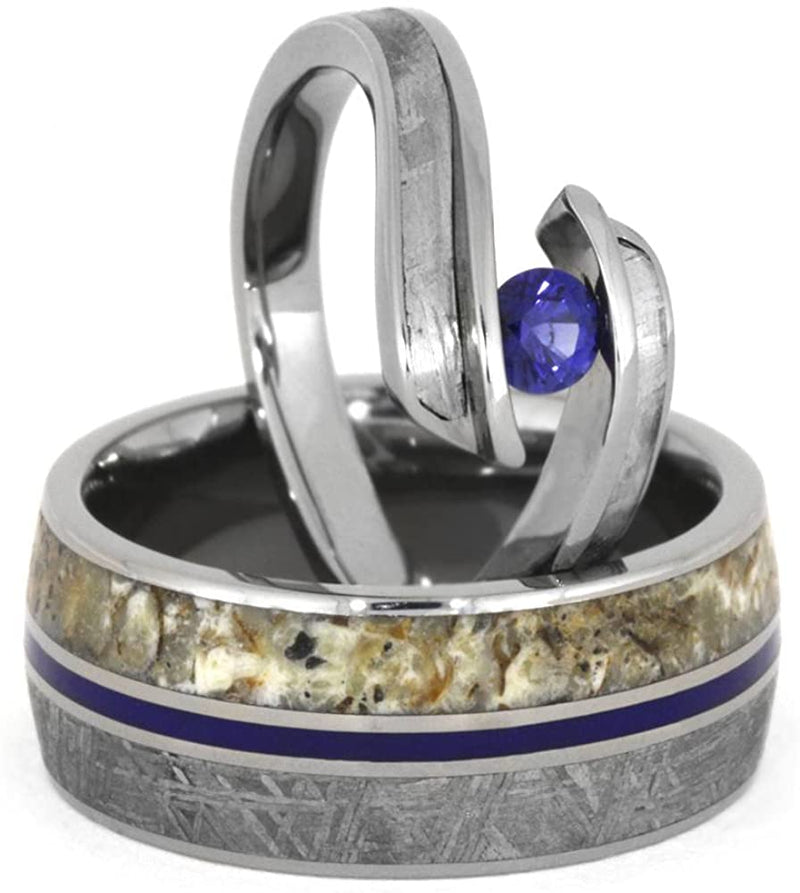Blue Sapphire, Gibeon Meteorite Engagement Ring, Men's Gibeon Meteorite, Dinosaur Bone, His and Hers Titanium Wedding Band Set , M15.5-F5.5