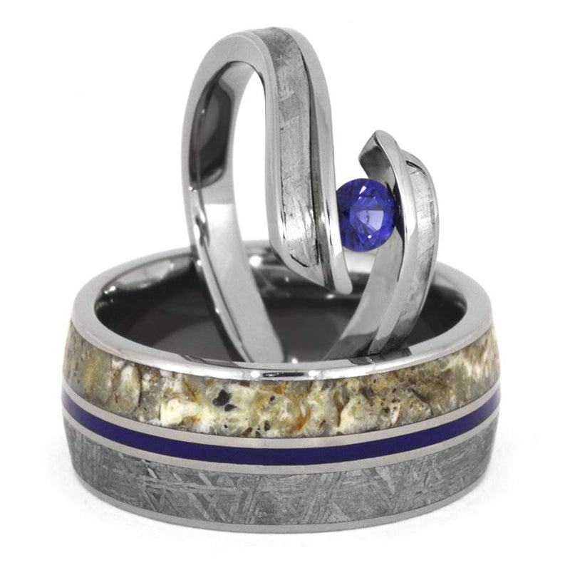 Blue Sapphire, Gibeon Meteorite Engagement Ring, Men's Gibeon Meteorite, Dinosaur Bone, His and Hers Titanium Wedding Band Set