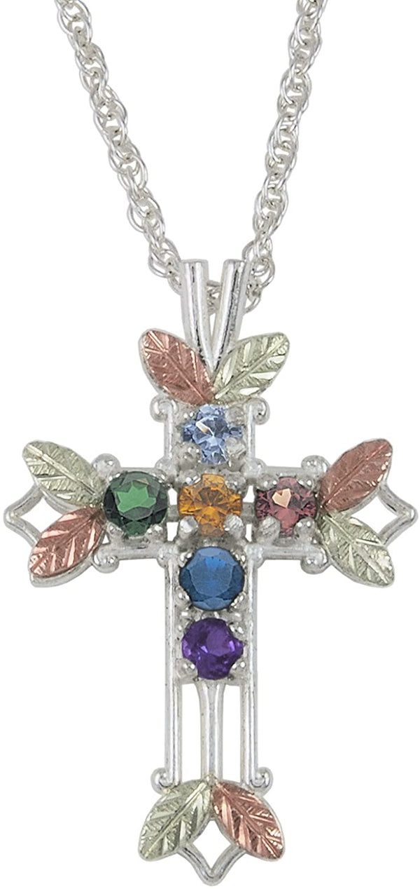 Aquamarine, Citrine, Garnet, Amethyst, Sapphire and Emerald Pointed Cross Pendant Necklace, Sterling Silver, 12k Green and Rose Gold Black Hills Gold Motif, 18"