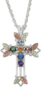 Aquamarine, Citrine, Garnet, Amethyst, Sapphire and Emerald Pointed Cross Pendant Necklace, Sterling Silver, 12k Green and Rose Gold Black Hills Gold Motif, 18"