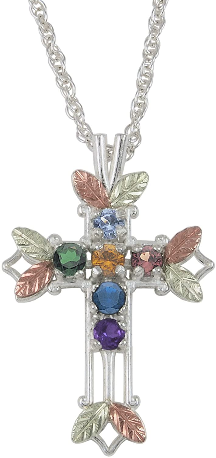 Aquamarine, Citrine, Garnet, Amethyst, Sapphire and Emerald Pointed Cross Pendant Necklace, Sterling Silver, 12k Green and Rose Gold Black Hills Gold Motif, 18"