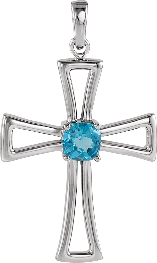 Genuine Swiss Blue Topaz Cut out Cross 14k White Gold Pendant