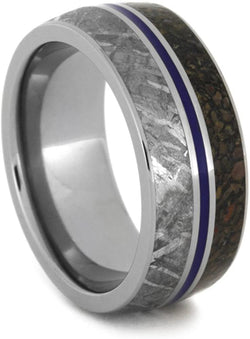 Gibeon Meteorite, Dinosaur Bone, Blue Pinstripe 9mm Comfort Fit Titanium Band, Size 4