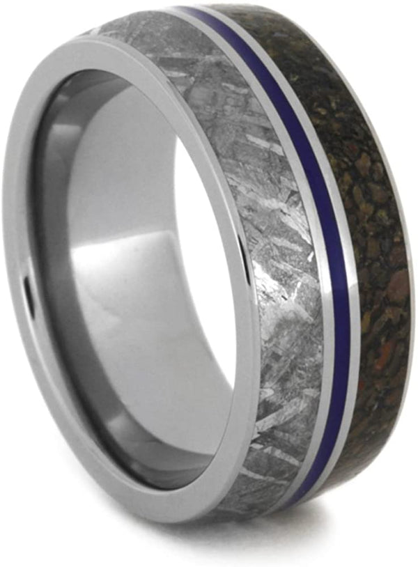 Gibeon Meteorite, Dinosaur Bone, Blue Pinstripe 9mm Comfort Fit Titanium Band, Size 15.25