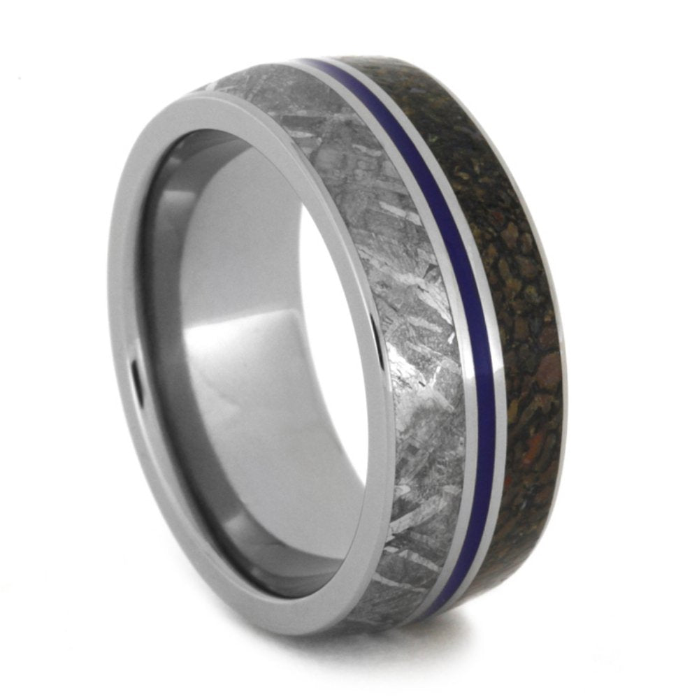 Gibeon Meteorite, Dinosaur Bone, Blue Enamel 9mm Comfort Fit Titanium Band