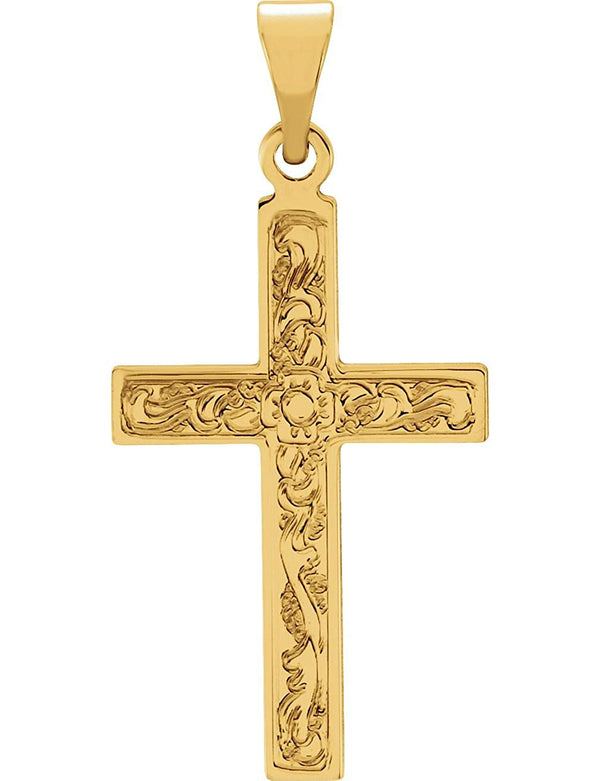 Embossed Flowers Cross 14k Yellow Gold Pendant