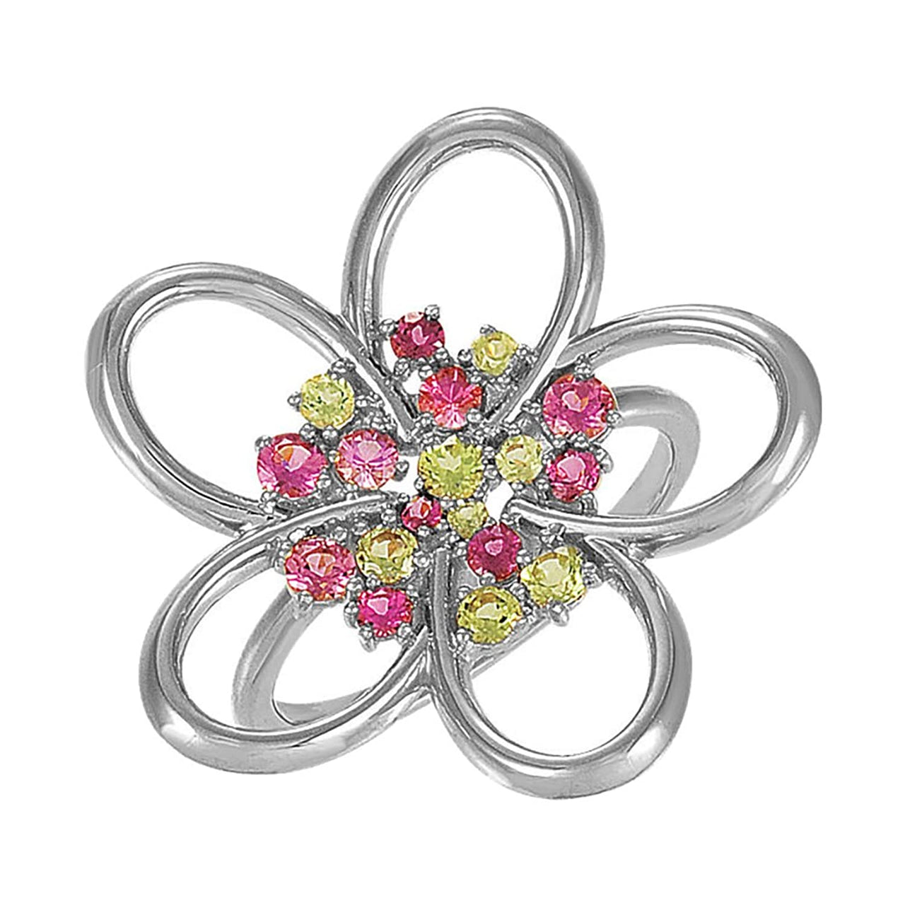 14k White Gold, Pink Tourmaline and Arizona Peridot Flower Ring, .84 Cttw, Size 7