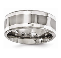 Silver Inlay Collection Mirror Polished Gray Titanium and Argentium Silver 9mm Band