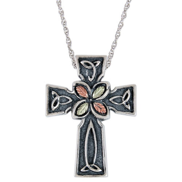 Oxidized Rose of Sharon Cross, Sterling Silver, 12k Rose Gold, 12k Green Gold Black Hills Gold Motif, 18"