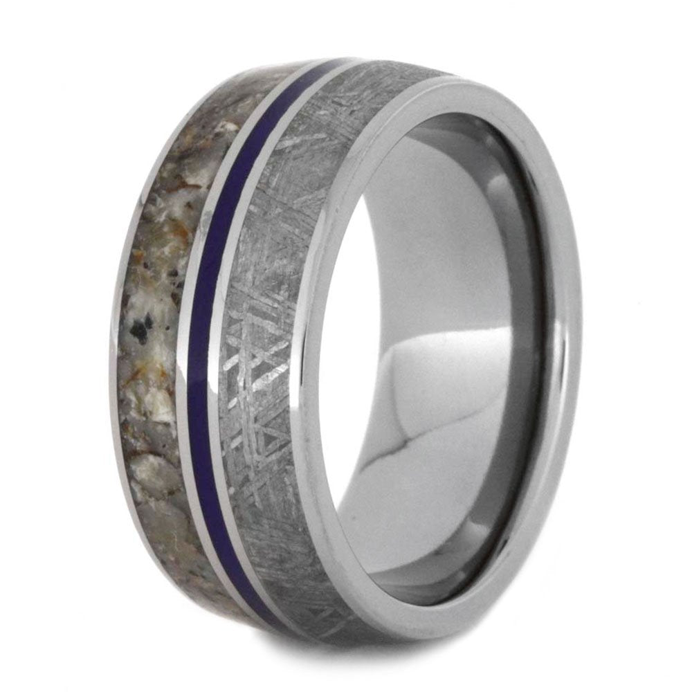 Gibeon Meteorite, Dinosaur Bone, Blue Stripe 9mm Comfort-Fit Titanium Band and Sizing Ring, Size 10.25