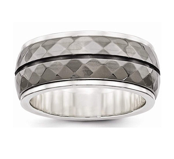 Edward Mirell Sterling Silver and Black Titanium Inlay Black Stripe 10mm Wedding Band