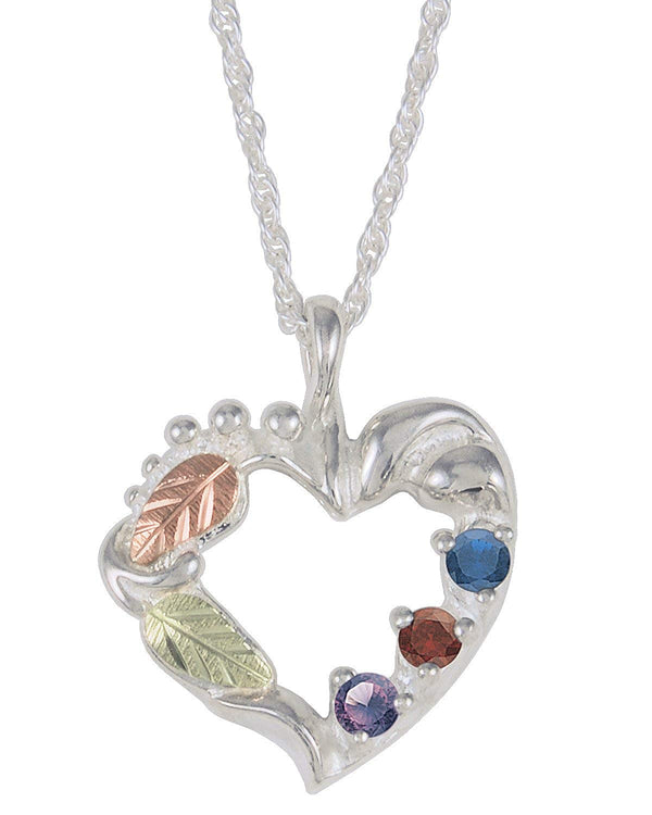 Amethyst, Smoky Quartz, Sapphire Heart Pendant Necklace, Sterling Silver, 12k Green and Rose Gold Black Hills Gold Motif, 18"