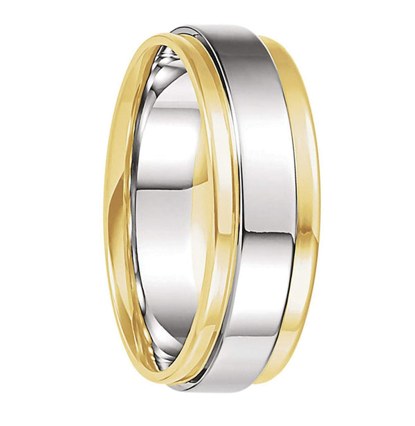 7.5 mm 18k Yellow Gold and Platinum Two-Tone Grooved Edge Flat Comfort Fit Band, Size 5.5