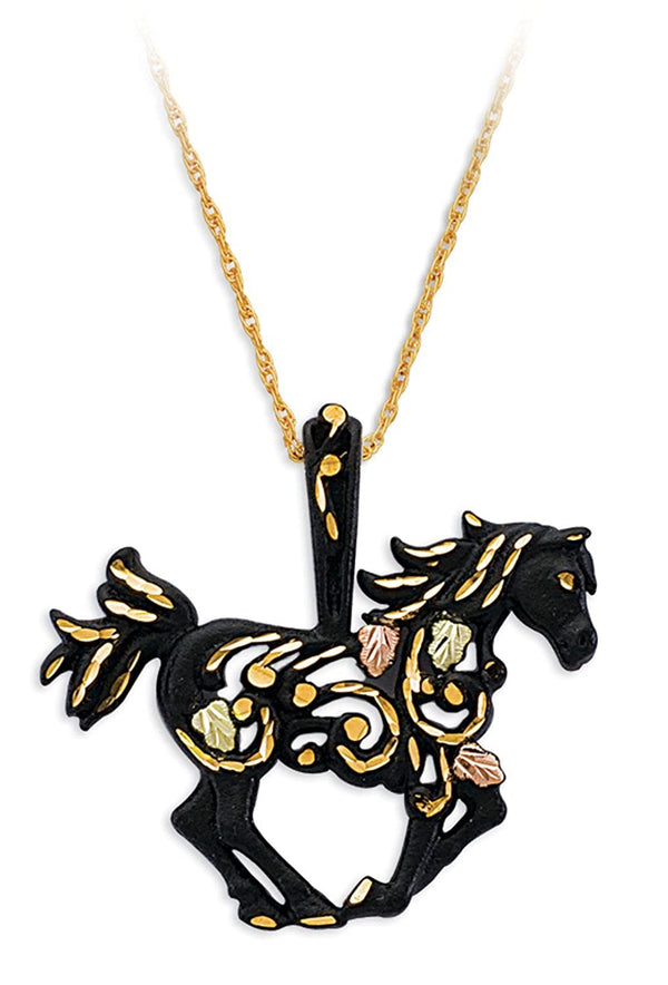 Horse Pendant Necklace, Black Powder Coat Alloy, 12k Rose and Green Gold Black Hills Gold Motif, 18"