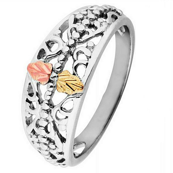 Scrollwork Tapered Ring, Sterling Silver, 12k Green and Rose Gold Black Hills Gold Motif, Size 10