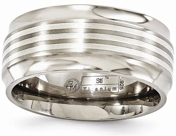 Edward Mirell Titanium with Sterling Silver Inlay 9mm Beveled Edge Wedding Band, Size 10.5