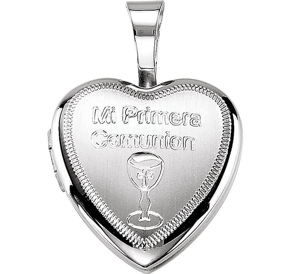 Girl's Sterling Silver 'Mi Primera Comunion' Cross Heart Locket Pendant