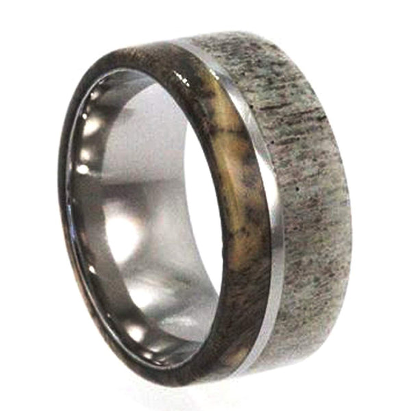 Deer Antler, Buckeye Burl 10mm Comfort Fit Titanium Wedding Band, Size 10