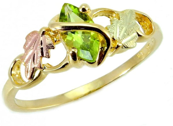Marquise Peridot Slim Profile Ring, 10k Yellow Gold, 12k Green and Rose Gold Black Hills Gold Motif, Size 5.75