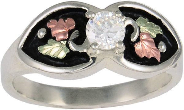 The Men's Jewelry Store (for HER) CZ Black Nephroid Ring, Sterling Silver, 12k Green and Rose Gold Black Hills Gold Motif