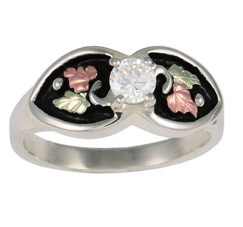 The Men's Jewelry Store (for HER) CZ Black Nephroid Ring, Sterling Silver, 12k Green and Rose Gold Black Hills Gold Motif