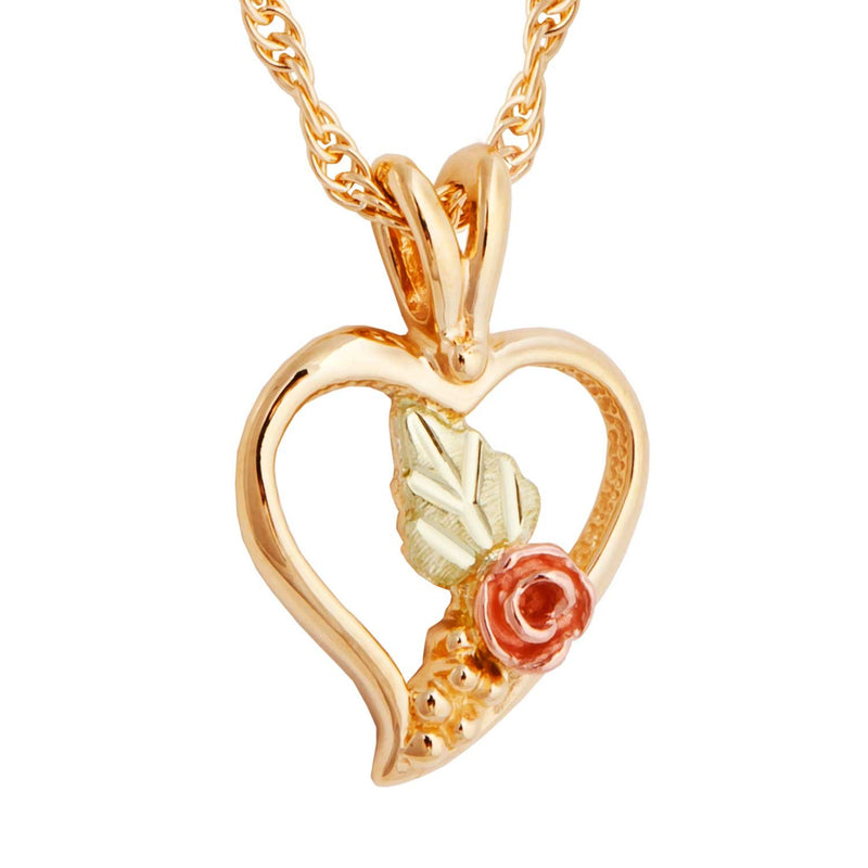 Heart with Rose Pendant Necklace, 10k Yellow Gold, 12k Green and Rose Gold Black Hills Gold Motif, 18"