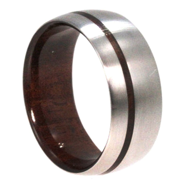 Bolivian Rosewood Sleeve and Pinstripe 8mm Comfort Fit Brushed Titanium Band, Size 4.5