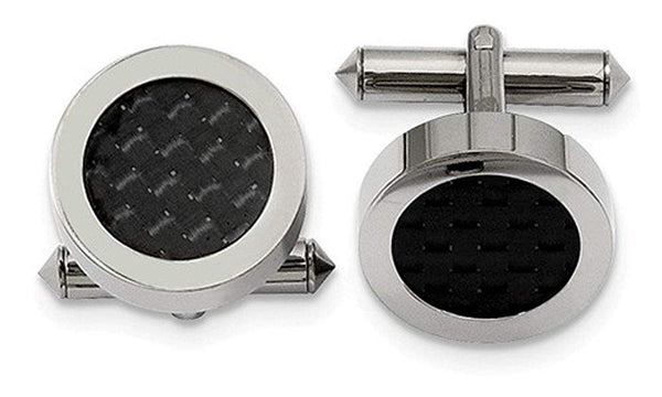 Grey Titanium Black Carbon Fiber Inlay Round Cuff Links, 18MM